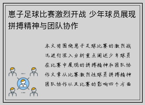 崽子足球比赛激烈开战 少年球员展现拼搏精神与团队协作