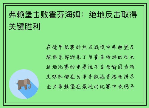 弗赖堡击败霍芬海姆：绝地反击取得关键胜利