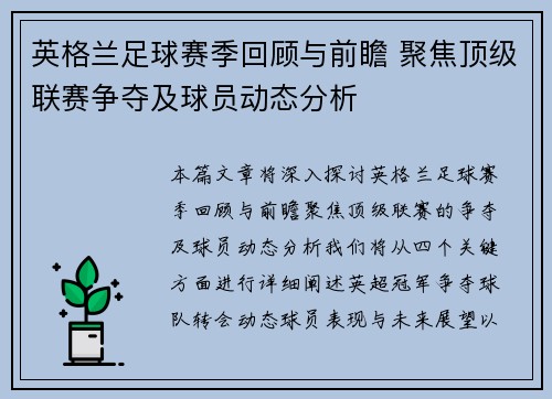 英格兰足球赛季回顾与前瞻 聚焦顶级联赛争夺及球员动态分析