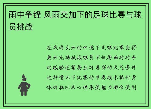 雨中争锋 风雨交加下的足球比赛与球员挑战
