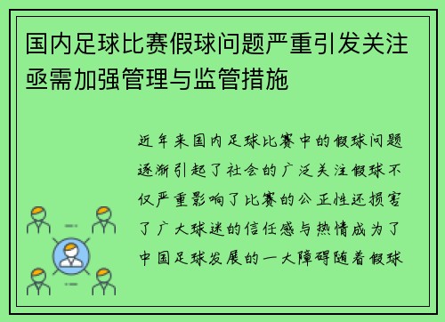 国内足球比赛假球问题严重引发关注亟需加强管理与监管措施