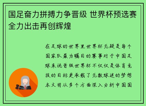 国足奋力拼搏力争晋级 世界杯预选赛全力出击再创辉煌