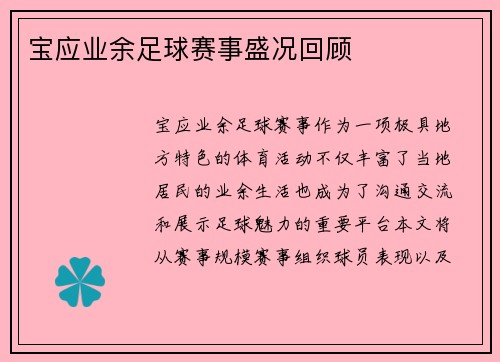 宝应业余足球赛事盛况回顾