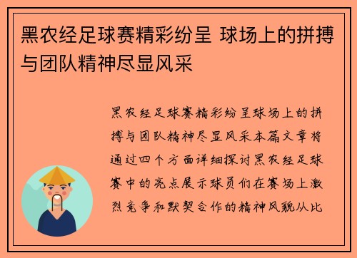 黑农经足球赛精彩纷呈 球场上的拼搏与团队精神尽显风采