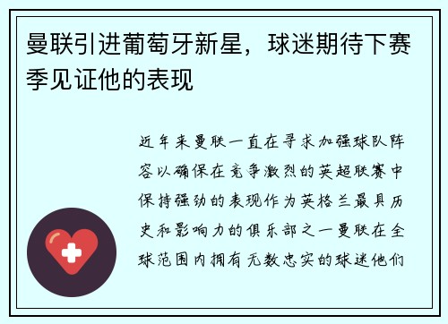 曼联引进葡萄牙新星，球迷期待下赛季见证他的表现