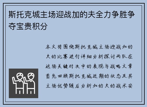 斯托克城主场迎战加的夫全力争胜争夺宝贵积分