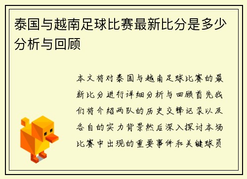 泰国与越南足球比赛最新比分是多少分析与回顾