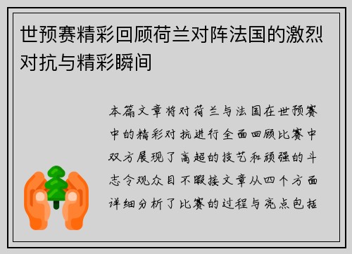 世预赛精彩回顾荷兰对阵法国的激烈对抗与精彩瞬间