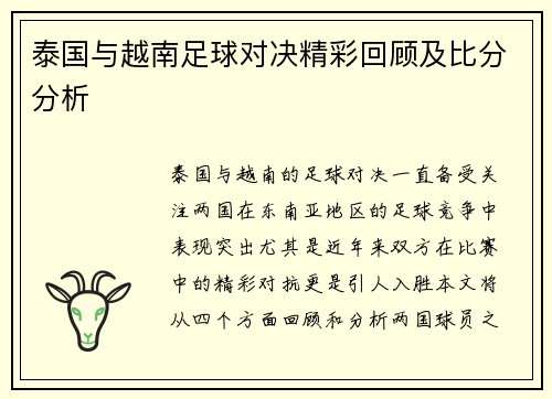 泰国与越南足球对决精彩回顾及比分分析