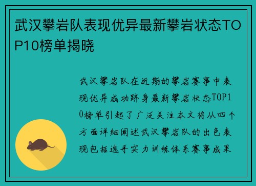 武汉攀岩队表现优异最新攀岩状态TOP10榜单揭晓