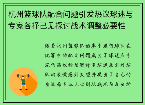杭州篮球队配合问题引发热议球迷与专家各抒己见探讨战术调整必要性